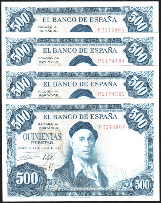 22 de julio de 1954. 500 pesetas. Serie P. Cuarteto correlativo. E468b. SC, casi...