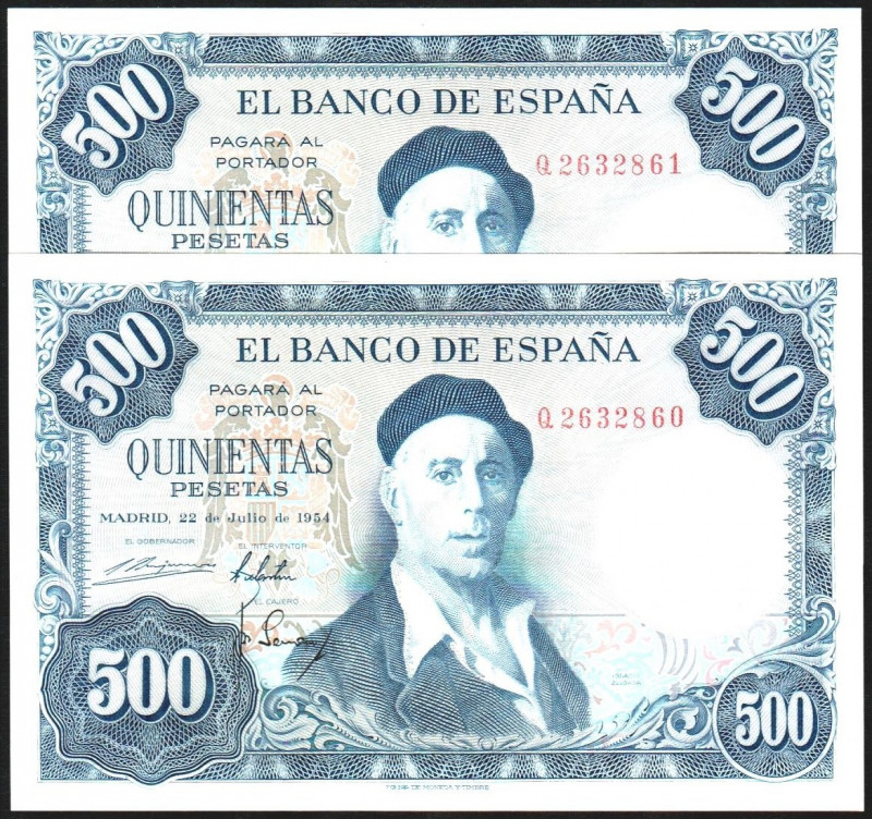 22 de julio de 1954. 500 pesetas. Serie Q. Pareja correlativa. E468b. SC, casi t...