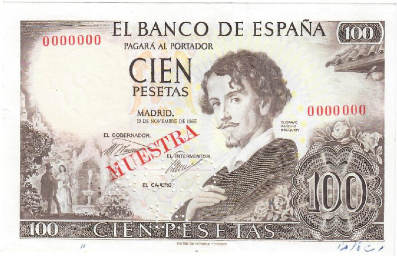 19 de noviembre de 1965. 100 pesetas. Sin serie. MUESTRA estampillado en rojo. N...