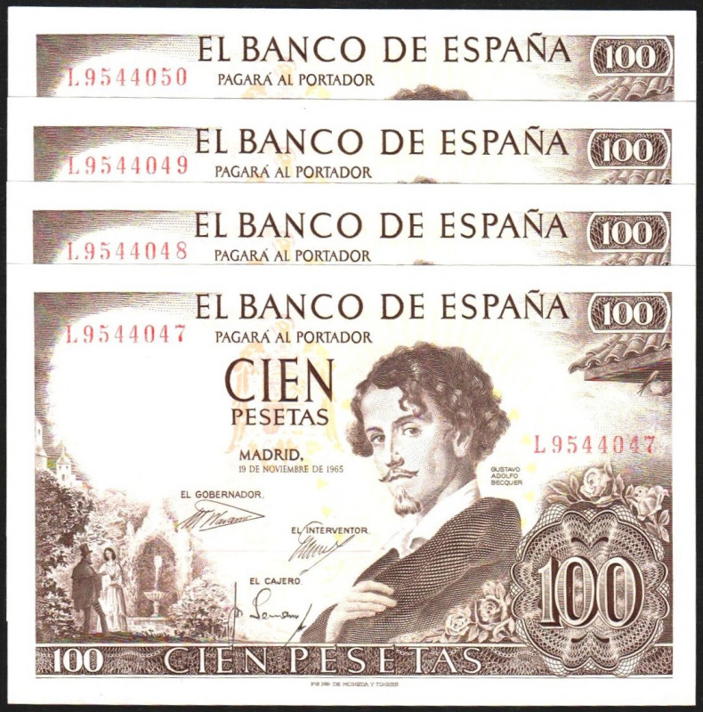 19 de noviembre de 1965. 100 pesetas. Serie L. Cuarteto correlativo. E470a. Piqu...