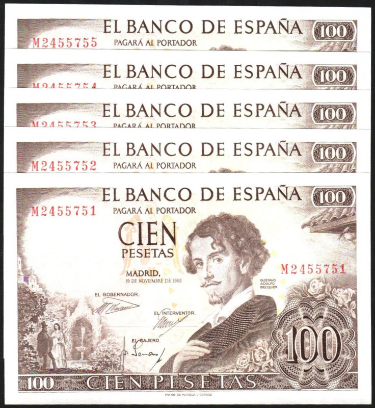 19 de noviembre de 1965. 100 pesetas. Serie M. Quinteto correlativo. E470a. Leve...