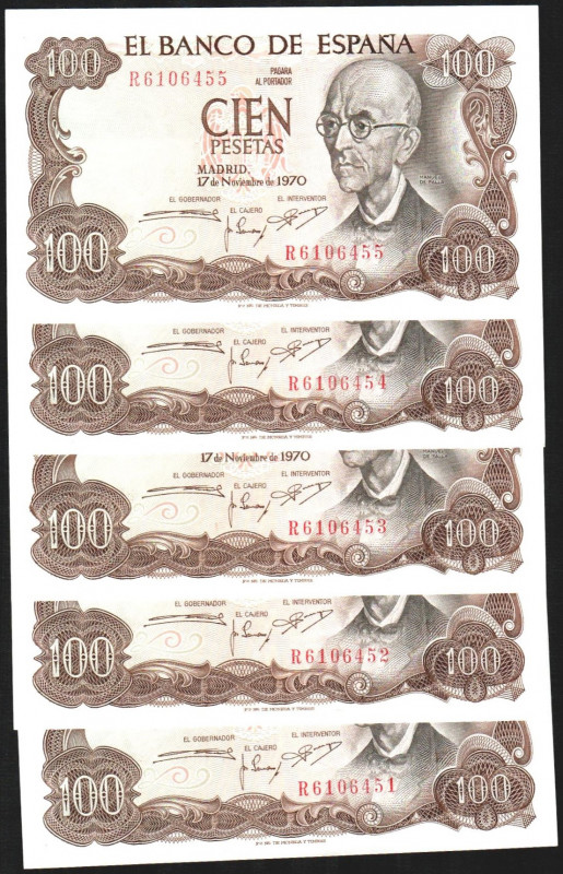 17 de noviembre de 1970. 100 pesetas. Serie R. Quinteto correlativo. E472b. SC, ...