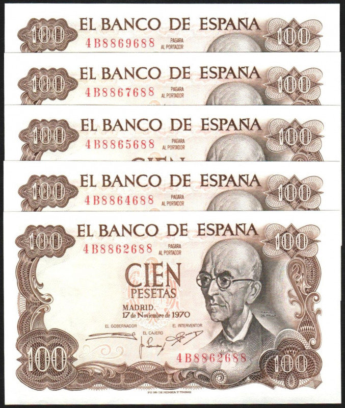 17 de noviembre de 1970. 100 pesetas. Serie 4B. Numeraciones capicúas. Incluye p...