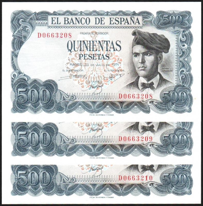 23 de julio de 1971. 500 pesetas. Serie D. Trío correlativo. E473a. Leve marquit...