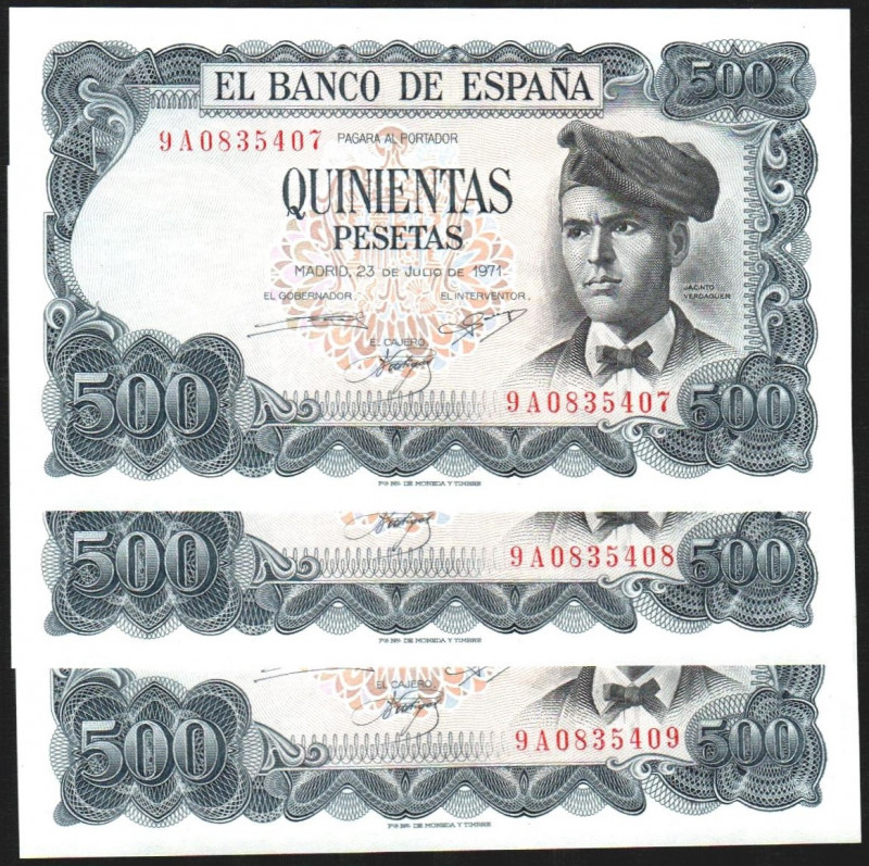 23 de julio de 1971. 500 pesetas. Serie 9A. Trío correlativo. E473b (80€). SC, t...