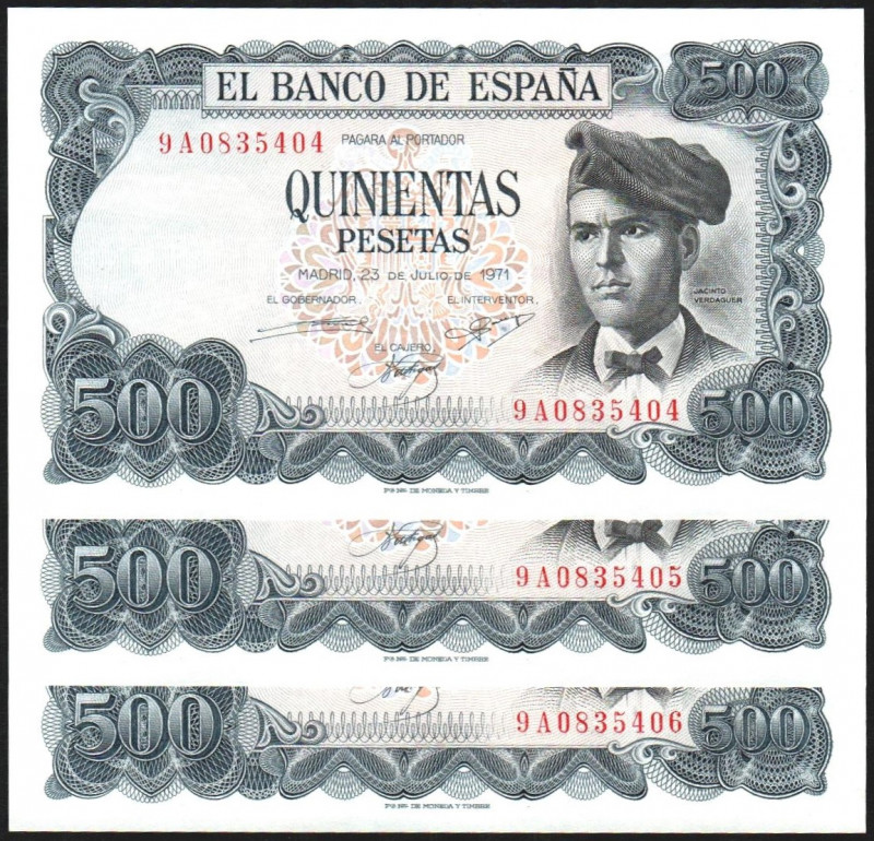 23 de julio de 1971. 500 pesetas. Serie 9A. Trío correlativo. E473b (80€). SC, t...