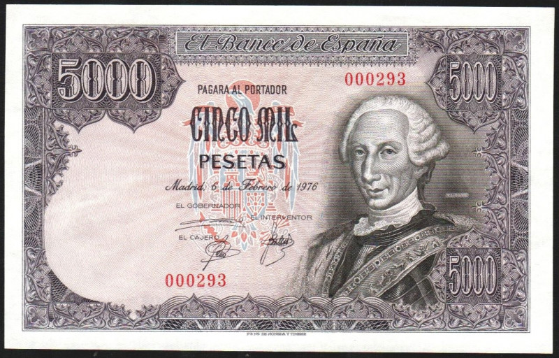 6 de febrero de 1976. 5.000 pesetas. Sin serie. Numeración muy baja 000293. E475...