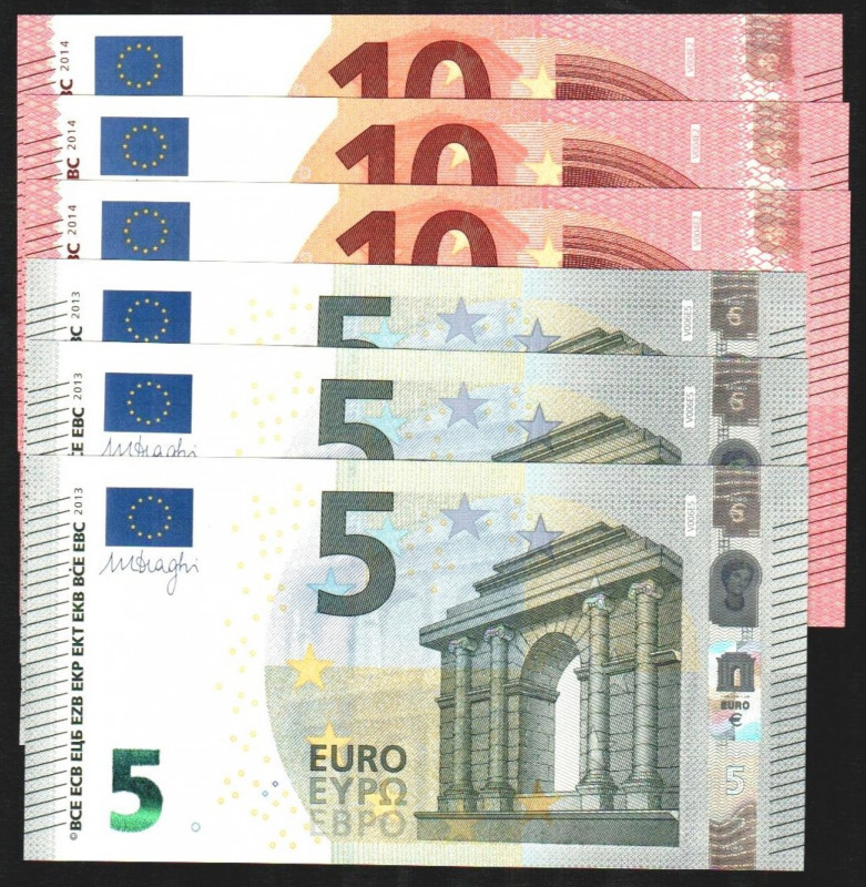 EURO. 2013. 5 y 10 €. Serie V (España) A. Dos tríos correlativos (el último dígi...