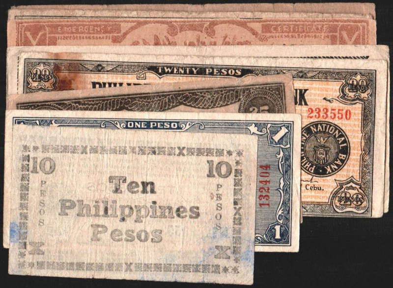 Filipinas. 25 centavos 1942, 1 peso 1943, 1 peso 1941, 5 pesos emergencia Cagaya...