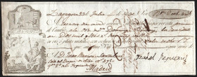 Letra de cambio fechada el 23 de julio de 1831 en Zaragoza por valor de "dos mil seis (2.006) reales de vellón y diez (10) maravedís de vellón" con tr...