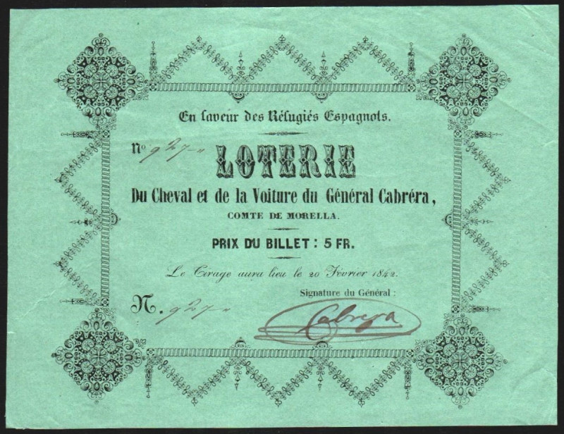 20 febrero de 1842. Lotería en favor de los refugiados españoles. Precio del bil...