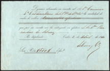 2 de abril de 1860. Abono en cuenta a favor de Casimiro Valdearellano por la financiera Sobrino y Compañía de 500 reales de vellón en efectivo. Cádiz....