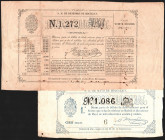 Lotería. Dos décimos de los sorteos celebrados el 23 de diciembre de 1865 y el 14 de mayo de 1864, con faciales de 20 escudos (200 reales) y 100 reale...
