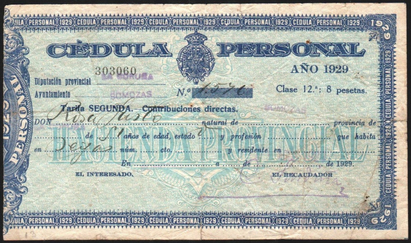 1929. Cédula personal. Tarifa segunda, clase 12ª, 8 pesetas. Hacienda Provincial...