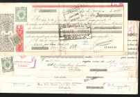 Letras de cambio de la Diputación de Navarra, con el escudo de la provincia. Tres efectos fechados en 1943; uno de 6 pesetas y dos de 2'40 de impuesto...