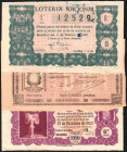 Lotería. Tres décimos de los sorteos celebrados el 21 de marzo de 1905, el 5 de febrero de 1948 y 22 de diciembre de 1953. 5, 15 y 200 pesetas. MBC y ...