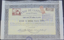 Banco de Castilla. Acción de 500 pesetas para un capital de 25.000.000 pesetas. Fechada en Madrid a 1 de diciembre de 1880. Con tres firmas impresas y...