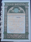 Banco de Cataluña. Acción de 500 pesetas nominales de un capital de 50.000.000 pesetas. Emitido en Barcelona el 12 de marzo de 1923. Tres firmas impre...