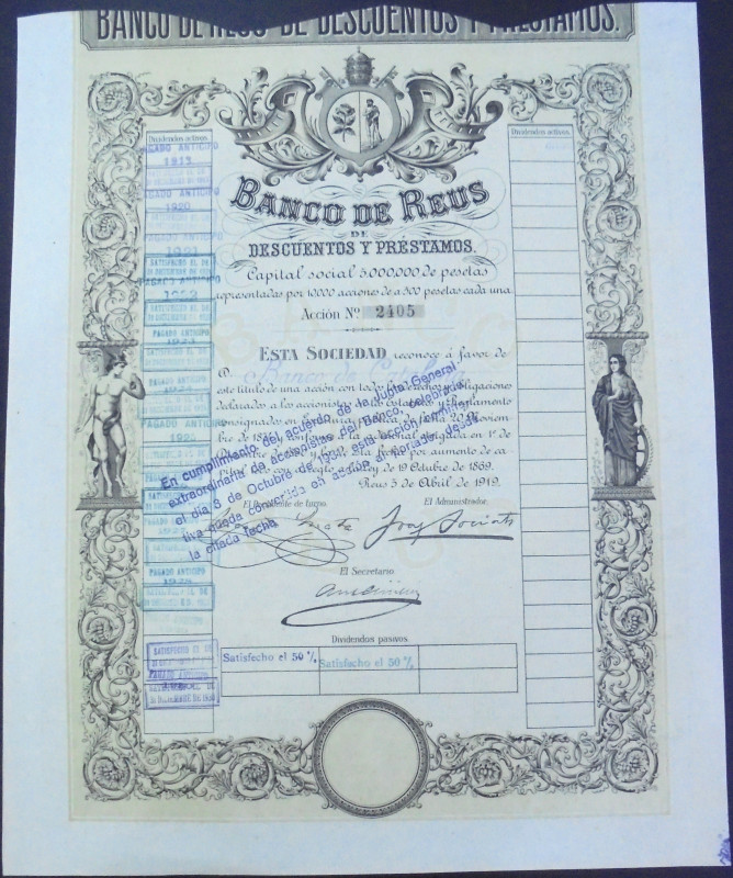 Banco de Reus de Descuentos y Préstamos. 5 de abril de 1919. Acción de 500 peset...