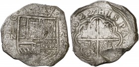 1622. Felipe IV. Cartagena de Indias. A. 8 reales. (Cal. 251) (Restrepo M41-1). 26,50 g. R/N a izquierda del escudo, a derecha. Con el escusón de Port...