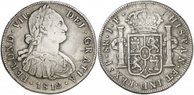 1812. Fernando VII. Popayán. JF. 8 reales. (Cal. 591) (Restrepo 120-3). 26,38 g. Rayitas. Anverso reparado. Muy rara. (MBC).