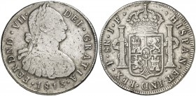 1813. Fernando VII. Popayán. JF. 8 reales. (Cal. 593) (Restrepo 120-5). 26,19 g. Restos de soldadura. Muy rara. (MBC-).