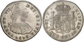 1816. Fernando VII. Popayán. F. 8 reales. (Cal. 596) (Restrepo 120-10). 26,85 g. Único año de este ensayador. Bonita pátina. Muy rara. MBC/MBC+.