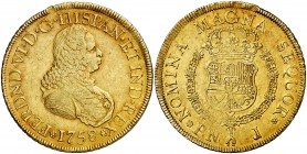 1758. Fernando VI. Popayán. J. 8 escudos. (Cal. 48) (Cal.Onza 611) (Restrepo 26-2). 26,92 g. Golpecitos. Preciosa pátina. Parte de brillo original. Ra...