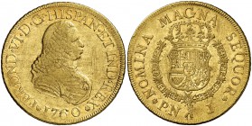 1760. Fernando VI. Popayán. J. 8 escudos. (Cal. 50) (Cal.Onza 613) (Restrepo 26-6). 26,86 g. Rayitas. Parte de brillo original. Rara. MBC+.