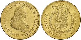 1763/2. Carlos III. Popayán. J. 8 escudos. (Cal. 117) (Cal.Onza 793) (Restrepo 70-6). 26,85 g. Busto de Fernando VI. Leves golpecitos. Parte de brillo...