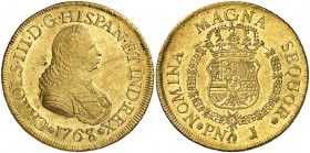 1768/7. Carlos III. Popayán. J. 8 escudos. (Cal. 119) (Cal.Onza 795) (Restrepo 70-11). 26,97 g. Busto de Fernando VI. Leves rayitas. Parte de brillo o...