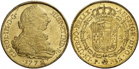 1772. Carlos III. Popayán. JS. 8 escudos. (Cal. 123) (Cal.Onza 799) (Restrepo 73-4). 27 g. Primer año de busto propio. Insignificantes golpecitos. Muy...