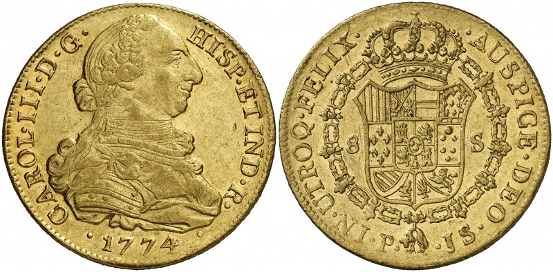 1774. Carlos III. Popayán. JS. 8 escudos. (Cal. 125) (Cal.Onza 801) (Restrepo 73...