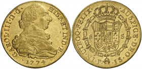 1774. Carlos III. Popayán. JS. 8 escudos. (Cal. 125) (Cal.Onza 801) (Restrepo 73-9). 27 g. Leves marquitas. Bella. Brillo original. Escasa así. EBC/EB...