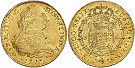 1775/4. Carlos III. Popayán. JS. 8 escudos. (Cal. 126) (Cal.Onza 803) (Restrepo 73-12). 26,98 g. Parte de brillo original. MBC+/EBC-.