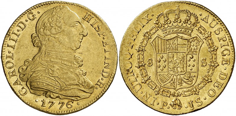 1776. Carlos III. Popayán. JS. 8 escudos. (Cal. 128) (Cal.Onza 806) (Restrepo 73...