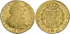 1776. Carlos III. Popayán. JS. 8 escudos. (Cal. 128) (Cal.Onza 806) (Restrepo 73-16). 27 g. Leves marquitas. Bella. Brillo original. La onza más rara ...