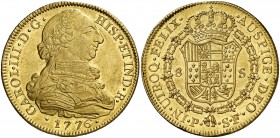 1776. Carlos III. Popayán. SF. 8 escudos. (Cal. 129) (Cal.Onza 807) (Restrepo 73-18). 27 g. Leves golpecitos. Bella. Brillo original. Escasa así. EBC+...