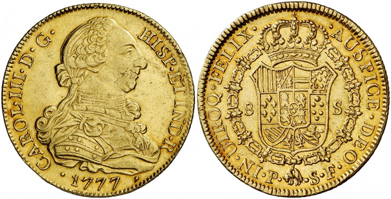 1777. Carlos III. Popayán. SF. 8 escudos. (Cal. 130) (Cal.Onza 808) (Restrepo 73...
