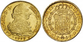 1777. Carlos III. Popayán. SF. 8 escudos. (Cal. 130) (Cal.Onza 808) (Restrepo 73-20). 26,94 g. Punto entre S y F. Leves golpecitos. Precioso color. Es...