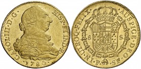 1780. Carlos III. Popayán. SF. 8 escudos. (Cal. 133) (Cal.Onza 813) (Restrepo 73-26). 26,86 g. El 8 de la fecha rectificado sobre otro 8. Leves golpec...