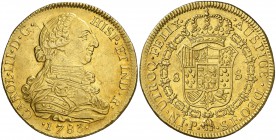1783. Carlos III. Popayán. SF. 8 escudos. (Cal. 136) (Cal.Onza 819) (Restrepo 73-32). 26,95 g. Leves golpecitos. Insignificante hojita. Precioso color...