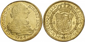 1784. Carlos III. Popayán. SF. 8 escudos. (Cal. 137) (Cal.Onza 820) (Restrepo 73-34). 27,06 g. Ligeramente descentrada. Bella. Brillo original. Rara a...