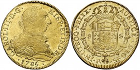 1785. Carlos III. Popayán. SF. 8 escudos. (Cal. 138) (Cal.Onza 821) (Restrepo 73-76). 27,03 g. Bella. Parte de brillo original. Ex Colección Trastámar...