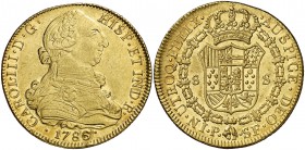 1786. Carlos III. Popayán. SF. 8 escudos. (Cal. 139) (Cal.Onza 822) (Restrepo 73-38). 26,91 g. Leves golpecitos. Parte de brillo original. EBC-/EBC.