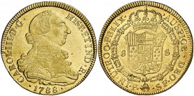 1788. Carlos III. Popayán. SF. 8 escudos. (Cal. 141) (Cal.Onza 824) (Restrepo 73-42). 27 g. Hojita en reverso. Leves marquitas. Ligeramente descentrad...