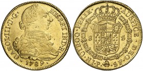 1789. Carlos III. Popayán. SF. 8 escudos. (Cal. 143) (Cal.Onza 826) (Restrepo 73-45). 26,94 g. Leves golpecitos. Escasa. MBC+/EBC-.