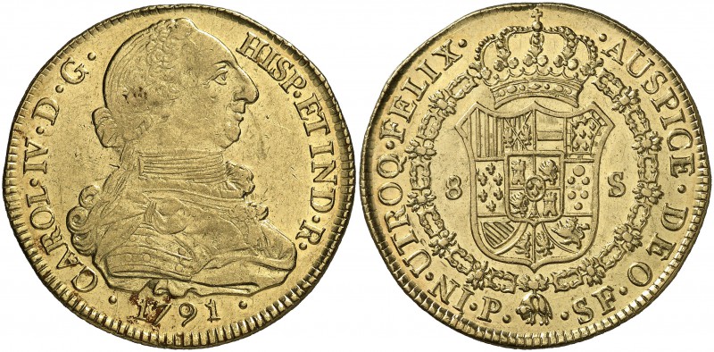 1791. Carlos IV. Popayán. SF. 8 escudos. (Cal. 68) (Cal.Onza 1050) (Restrepo 96-...