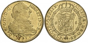 1791. Carlos IV. Popayán. SF. 8 escudos. (Cal. 68) (Cal.Onza 1050) (Restrepo 96-6). 27 g. Busto de Carlos III. Ordinal IV. Leves golpecitos. Atractiva...