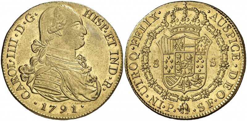 1791. Carlos IV. Popayán. SF. 8 escudos. (Cal. 69) (Cal.Onza 1051) (Restrepo 98-...